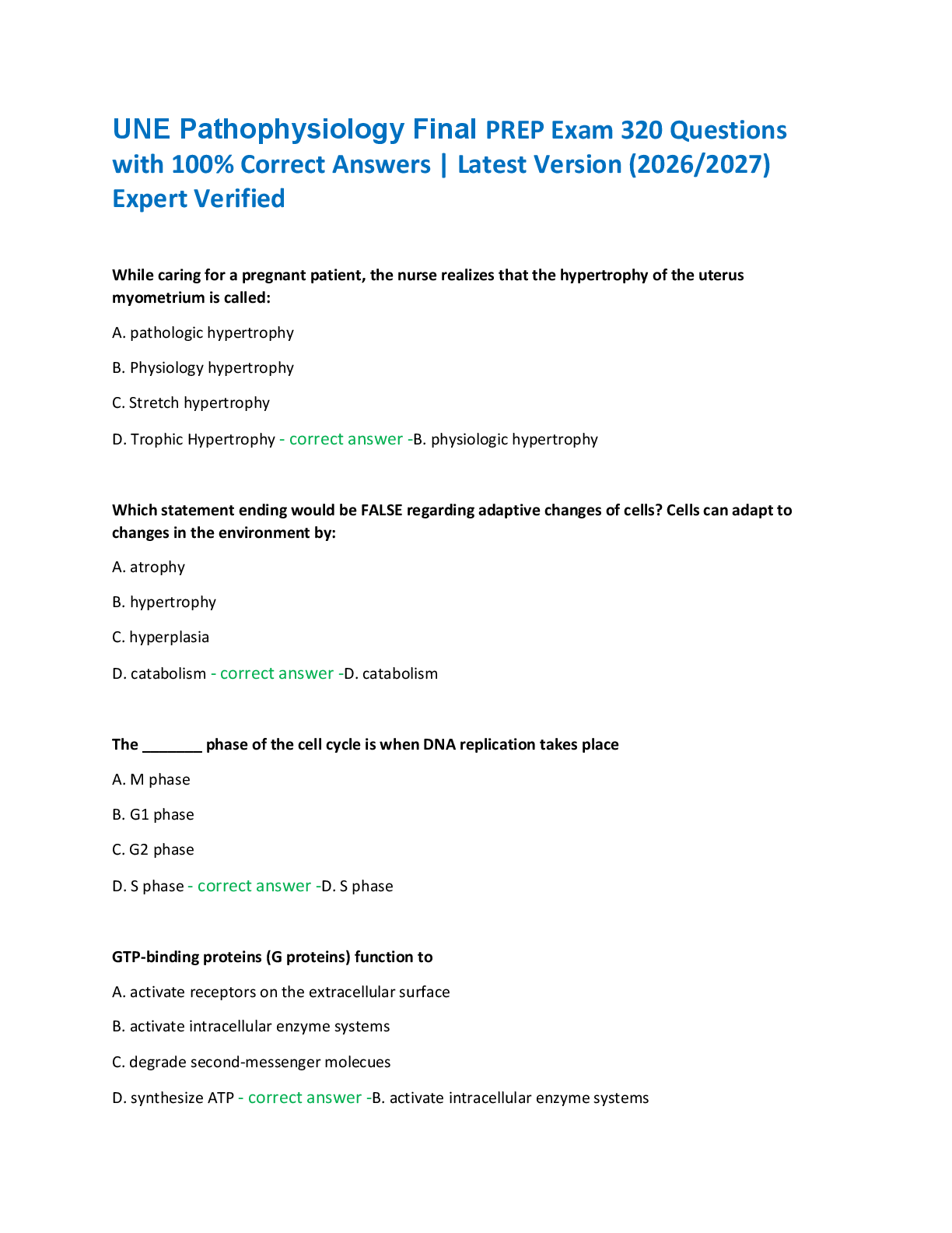 Recommended document preview for UNE Pathophysiology Final PREP Exam 320 Questions  with 100% Correct Answers | Latest Version (2026/2027)  Expert Verified