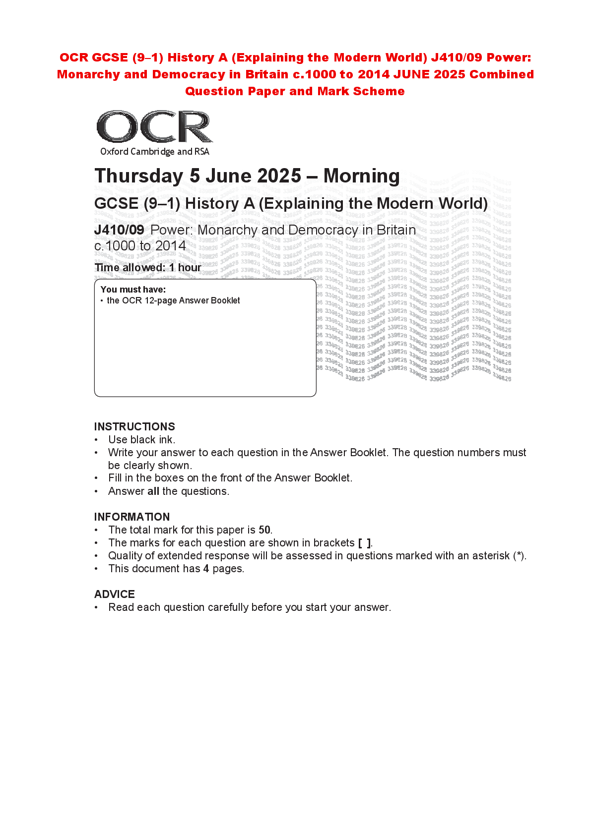 Recommended document preview for OCR GCSE (9–1) History A (Explaining the Modern World) J410/09 Power: Monarchy and Democracy in Britain c.1000 to 2014 JUNE 2025 Combined Question Paper and Mark Scheme