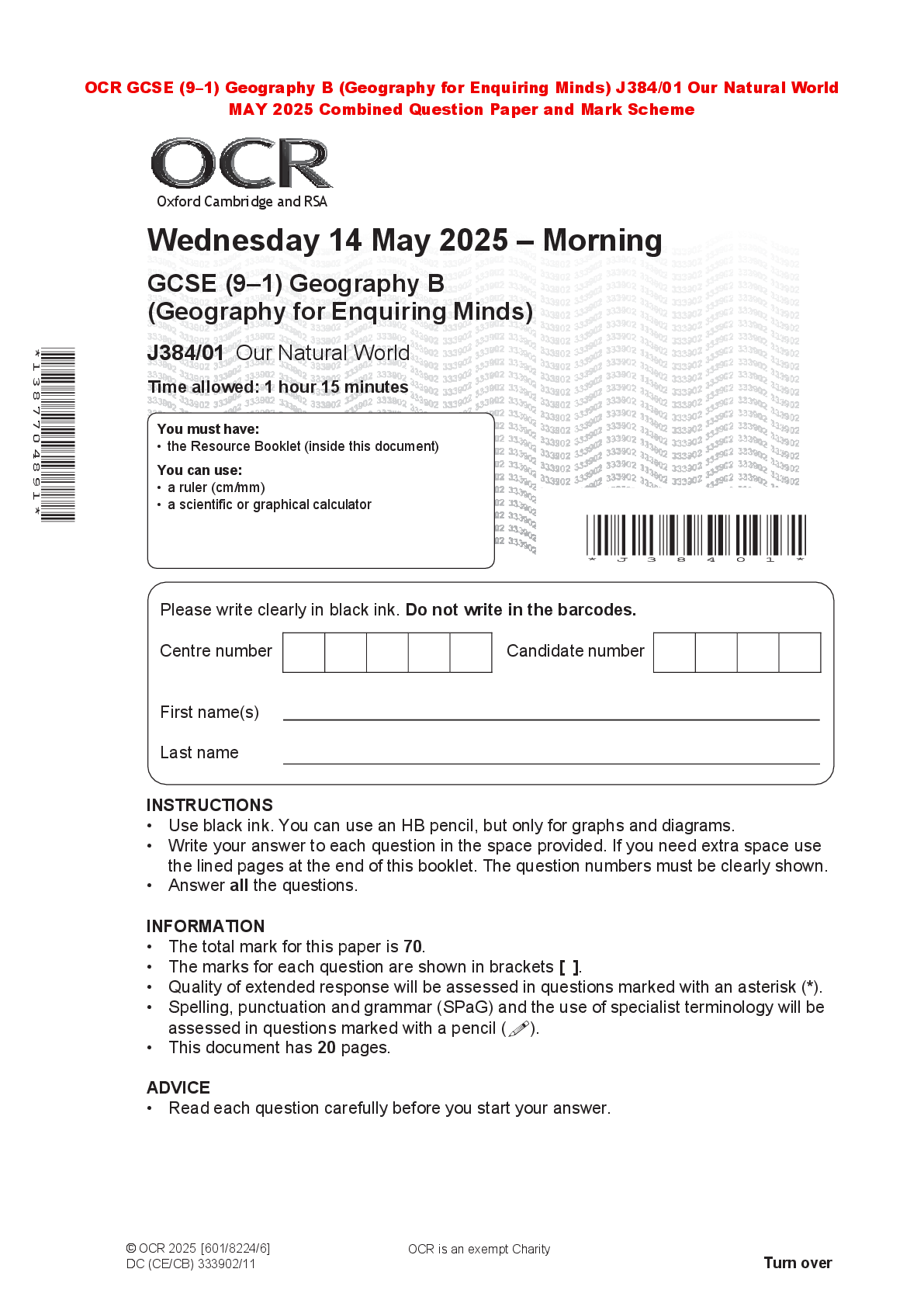 Recommended document preview for OCR GCSE (9–1) Geography B (Geography for Enquiring Minds) J384/01 Our Natural World MAY 2025 Combined Question Paper and Mark Scheme