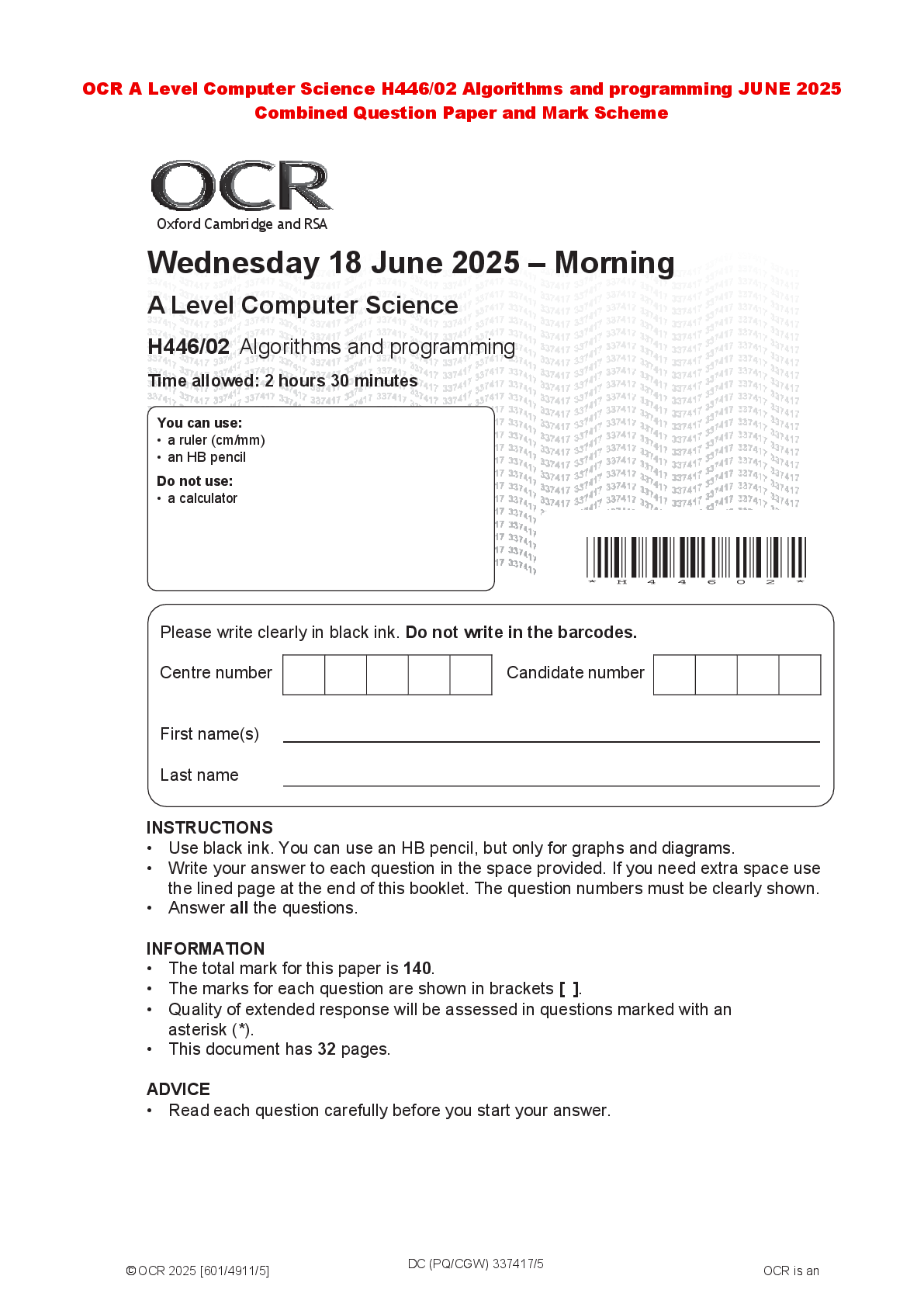 Recommended document preview for OCR A Level Computer Science H446/02 Algorithms and programming JUNE 2025 Combined Question Paper and Mark Scheme
