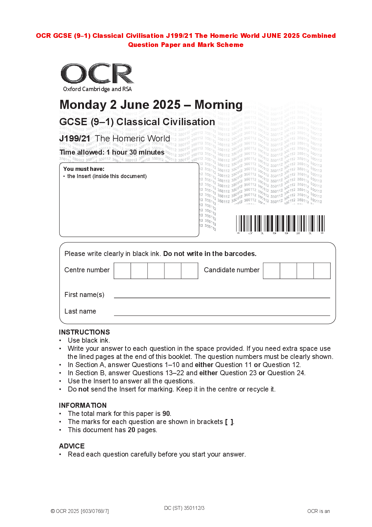 Recommended document preview for OCR GCSE (9–1) Classical Civilisation J199/21 The Homeric World JUNE 2025 Combined Question Paper and Mark Scheme