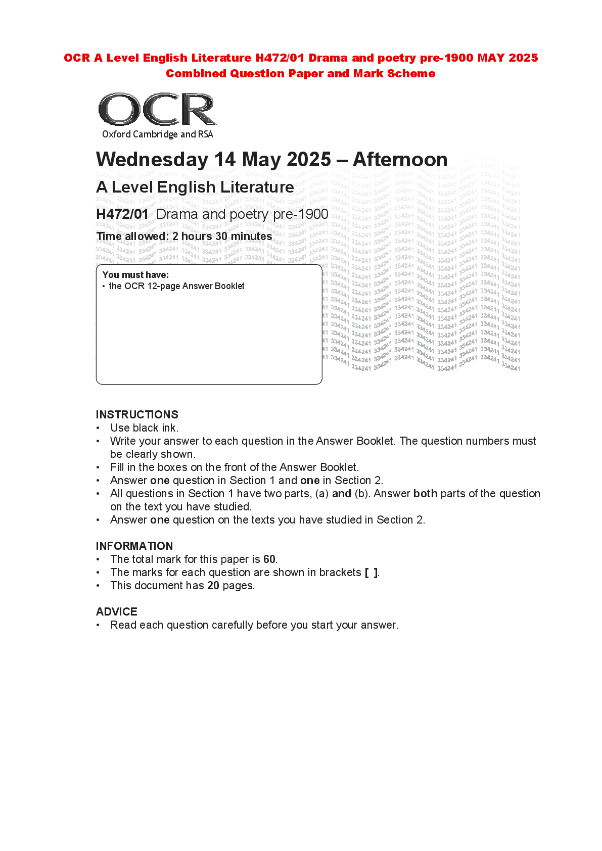 Recommended document preview for OCR A Level English Literature H472/01 Drama and poetry pre-1900 MAY 2025  Combined Question Paper and Mark Scheme