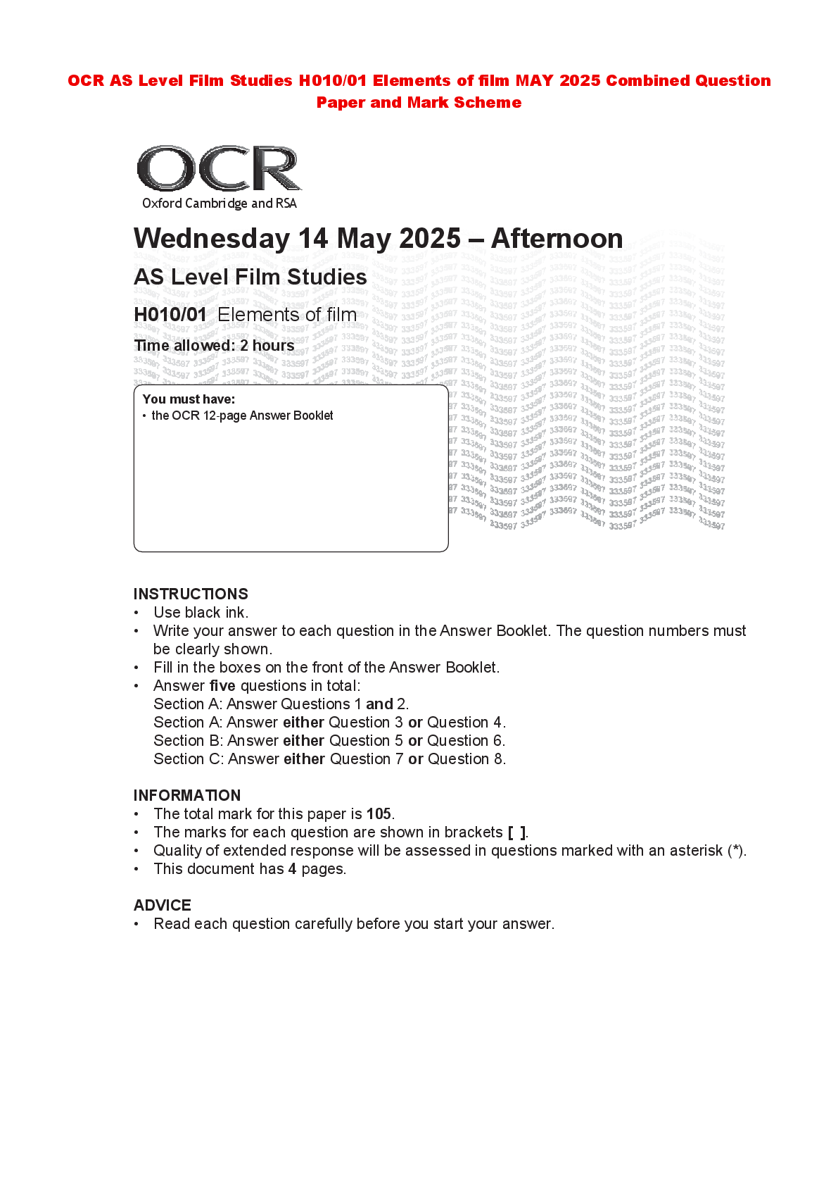 Recommended document preview for OCR AS Level Film Studies H010/01 Elements of film MAY 2025 Combined Question  Paper and Mark Scheme