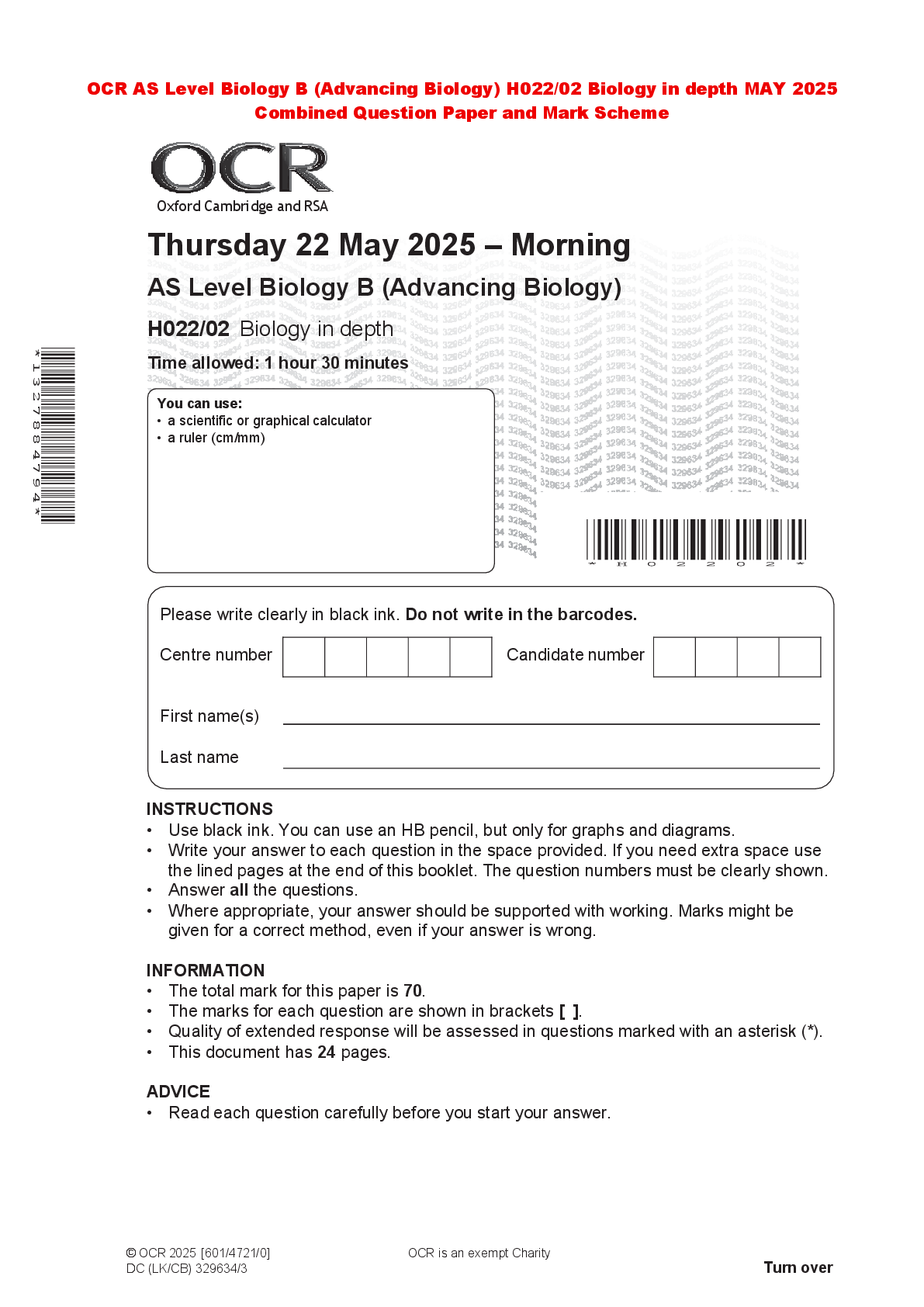Recommended document preview for OCR AS Level Biology B (Advancing Biology) H022/02 Biology in depth MAY 2025 Combined Question Paper and Mark Scheme