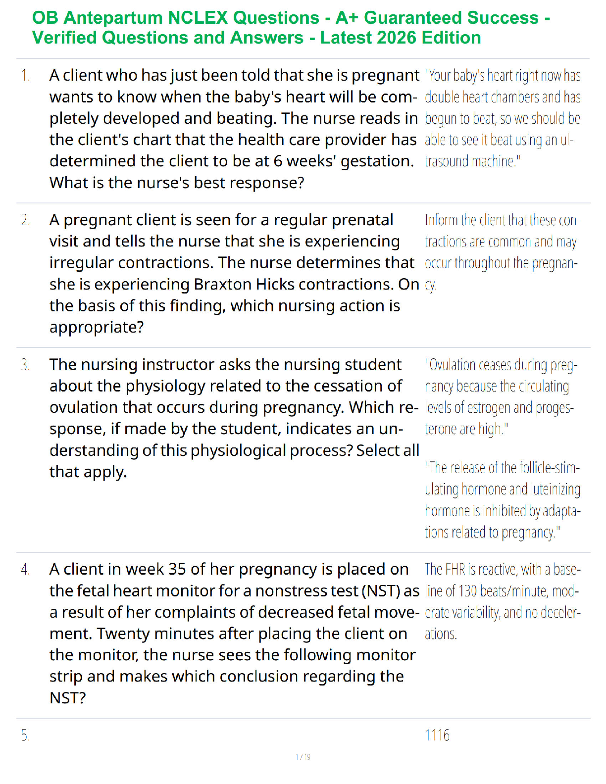 Recommended document preview for OB Antepartum NCLEX Questions - A+ Guaranteed Success - Verified Questions and Answers - Latest 2026 Edition