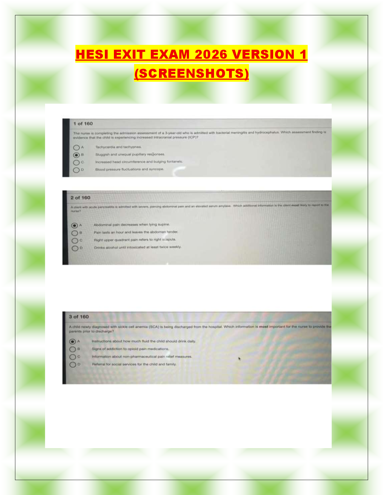 Preview of HESI EXIT EXAM 2026 VERSION 1  (SCREENSHOTS)