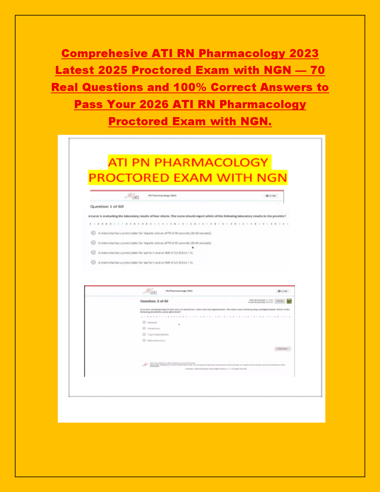 Preview of Comprehesive ATI RN Pharmacology 2023  Latest 2025 Proctored Exam with NGN — 70  Real Questions and 100% Correct Answers to  Pass Your 2026 ATI RN Pharmacology  Proctored Exam with NGN.