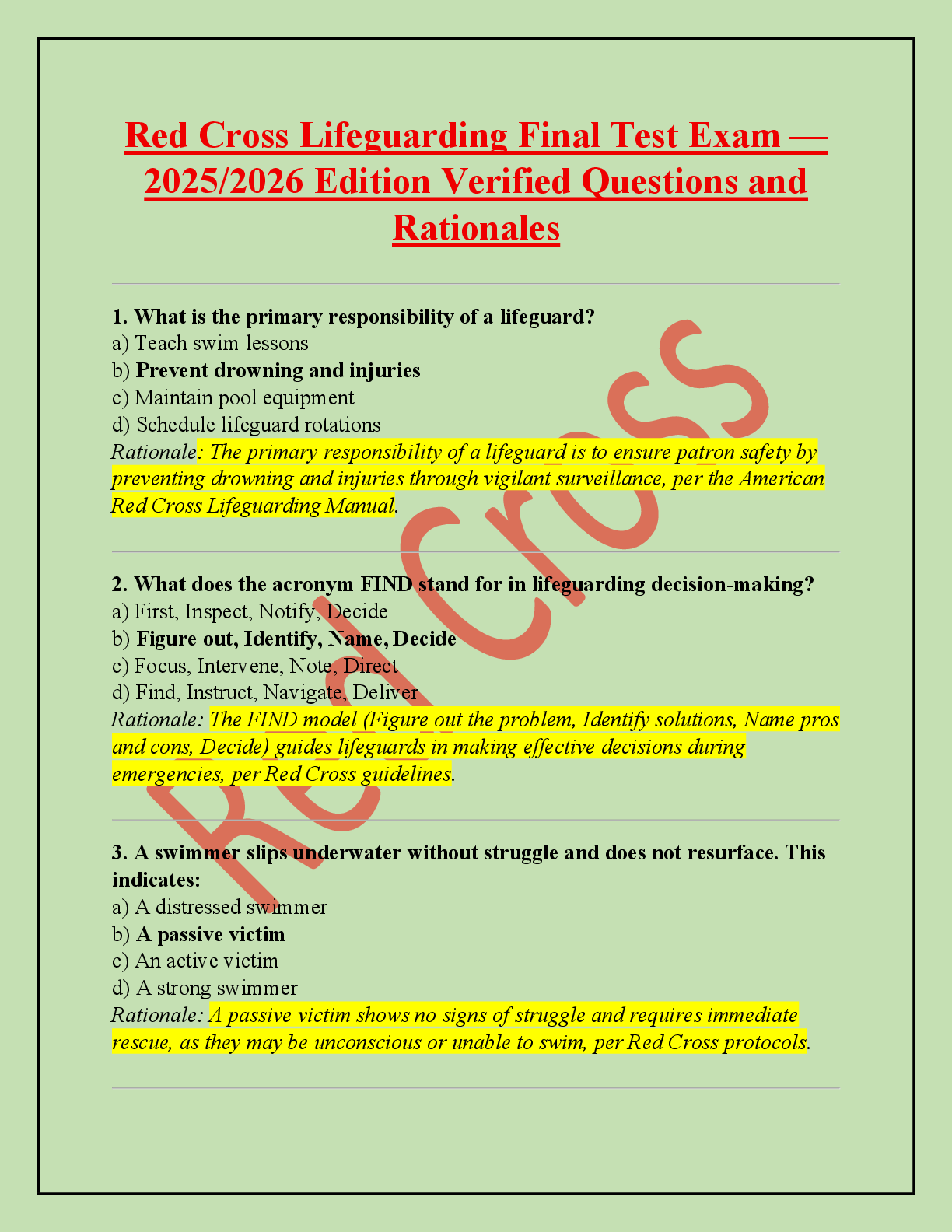 Preview of Red Cross Lifeguarding Final Test Exam —  2025/2026 Edition Verified Questions and  Rationales