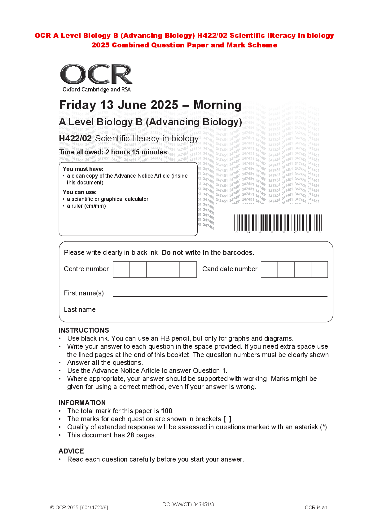 Recommended document preview for OCR A Level Biology B (Advancing Biology) H422/02 Scientific literacy in biology 2025 Combined Question Paper and Mark Scheme