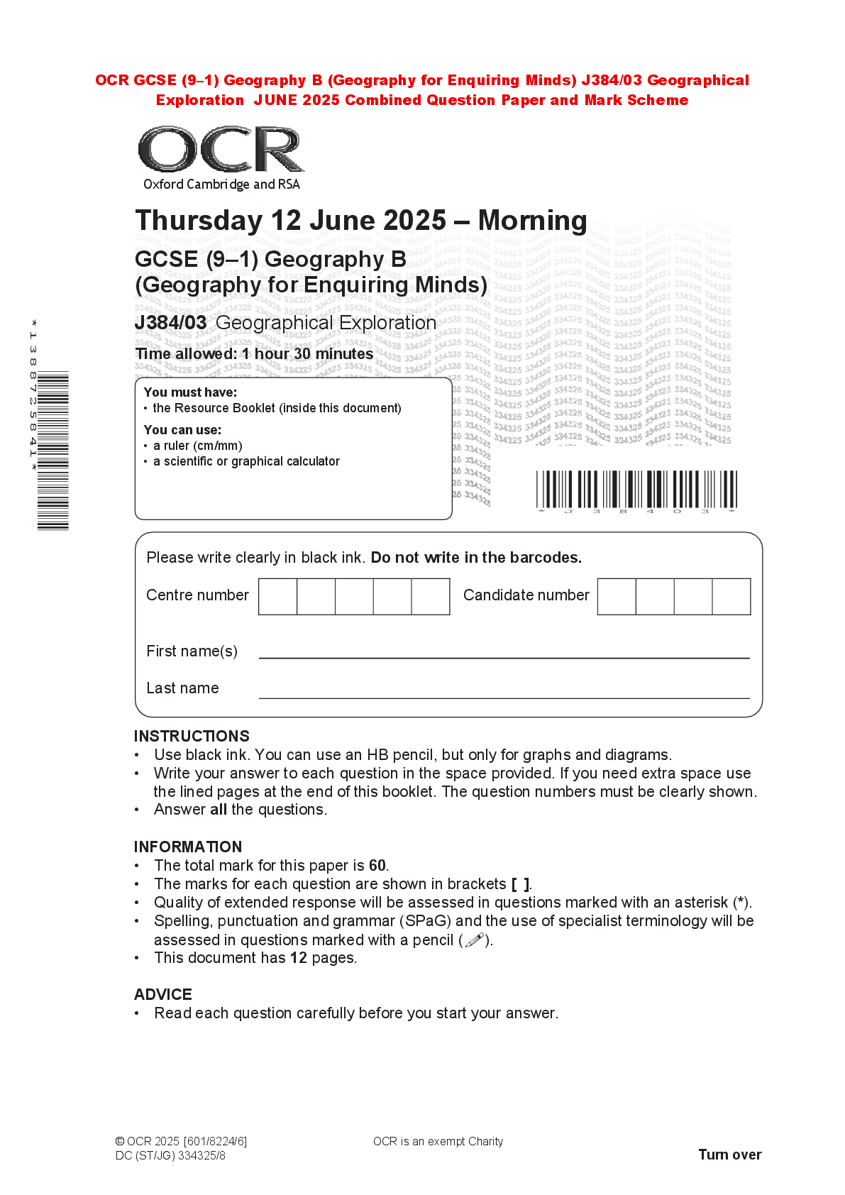 Recommended document preview for OCR GCSE (9–1) Geography B (Geography for Enquiring Minds) J384/03 Geographical Exploration JUNE 2025 Combined Question Paper and Mark Scheme