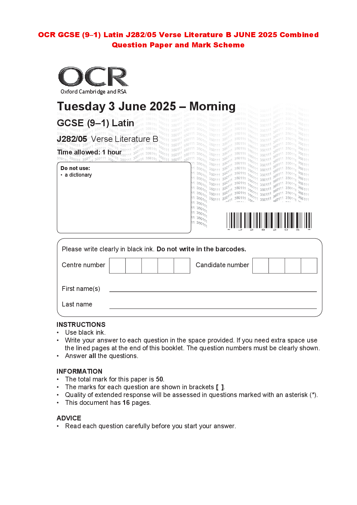 Recommended document preview for OCR GCSE (9–1) Latin J282/05 Verse Literature B JUNE 2025 Combined Question Paper and Mark Scheme