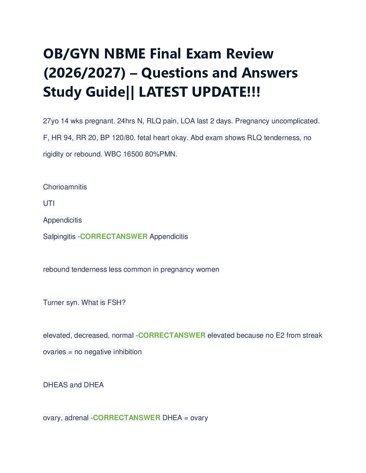 Preview of OB/GYN NBME Final Exam Review  (2026/2027) – Questions and Answers  Study Guide|| LATEST U