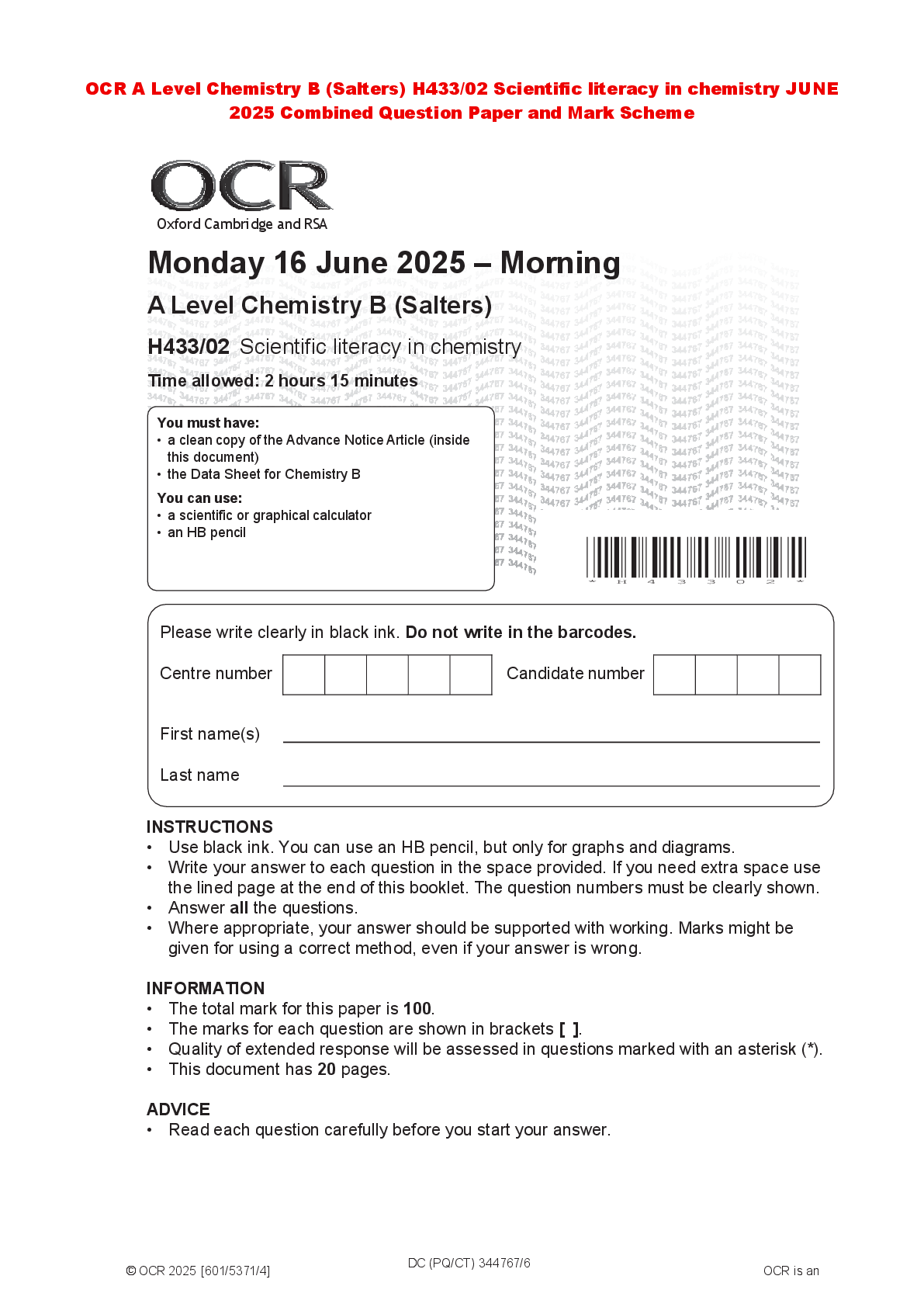 Preview of OCR A Level Chemistry B (Salters) H433/02 Scientific literacy in chemistry JUNE 2025 Combi