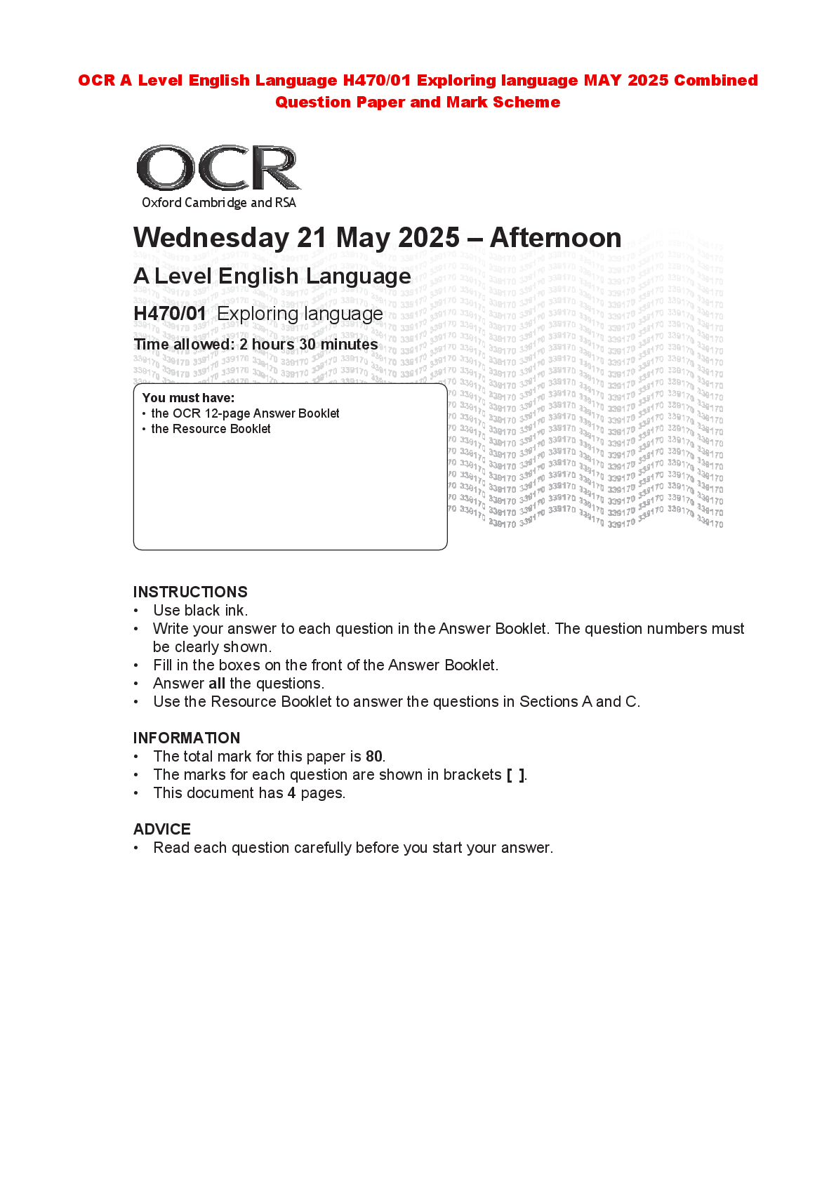 Recommended document preview for OCR A Level English Language H470/01 Exploring language MAY 2025 Combined  Question Paper and Mark Scheme