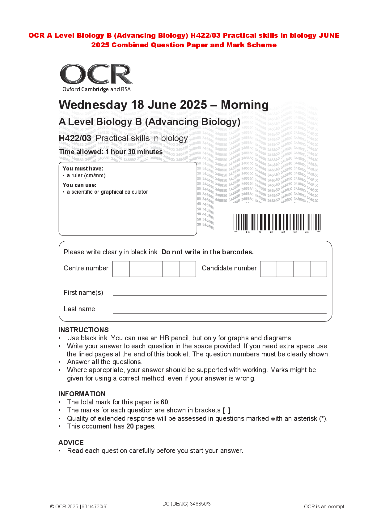 Recommended document preview for OCR A Level Biology B (Advancing Biology) H422/03 Practical skills in biology JUNE 2025 Combined Question Paper and Mark Scheme