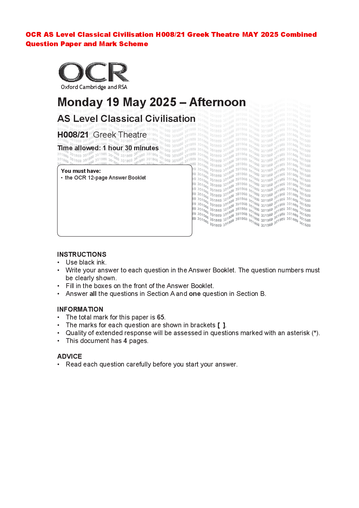 Recommended document preview for OCR AS Level Classical Civilisation H008/21 Greek Theatre MAY 2025 Combined Question Paper and Mark Scheme
