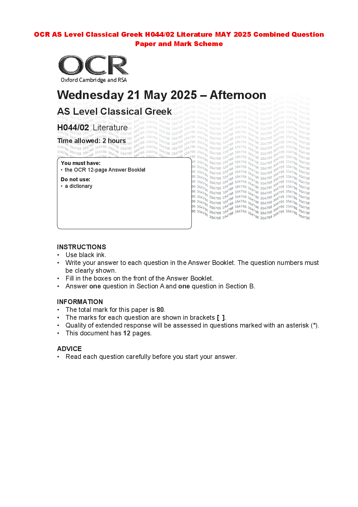 Recommended document preview for OCR AS Level Classical Greek H044/02 Literature MAY 2025 Combined Question Paper and Mark Scheme