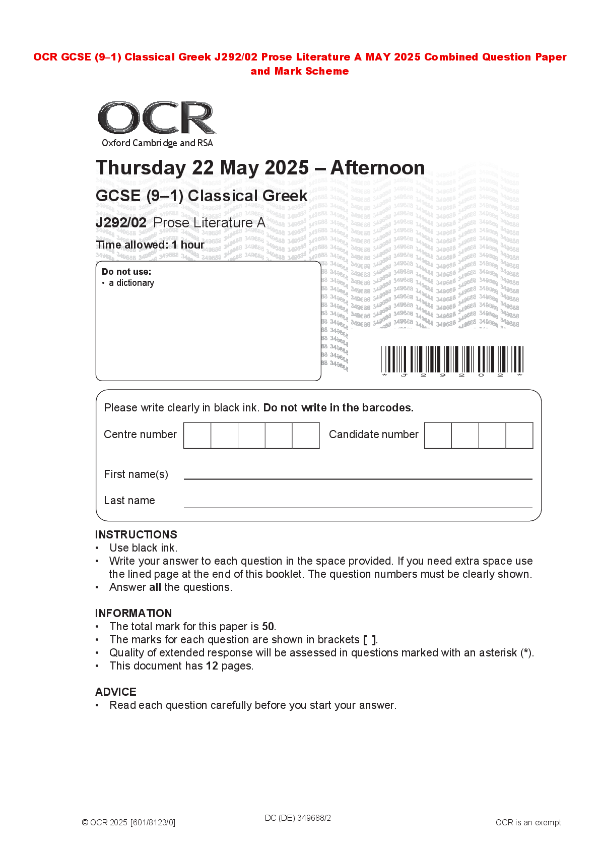 Recommended document preview for OCR GCSE (9–1) Classical Greek J292/02 Prose Literature A MAY 2025 Combined Question Paper and Mark Scheme