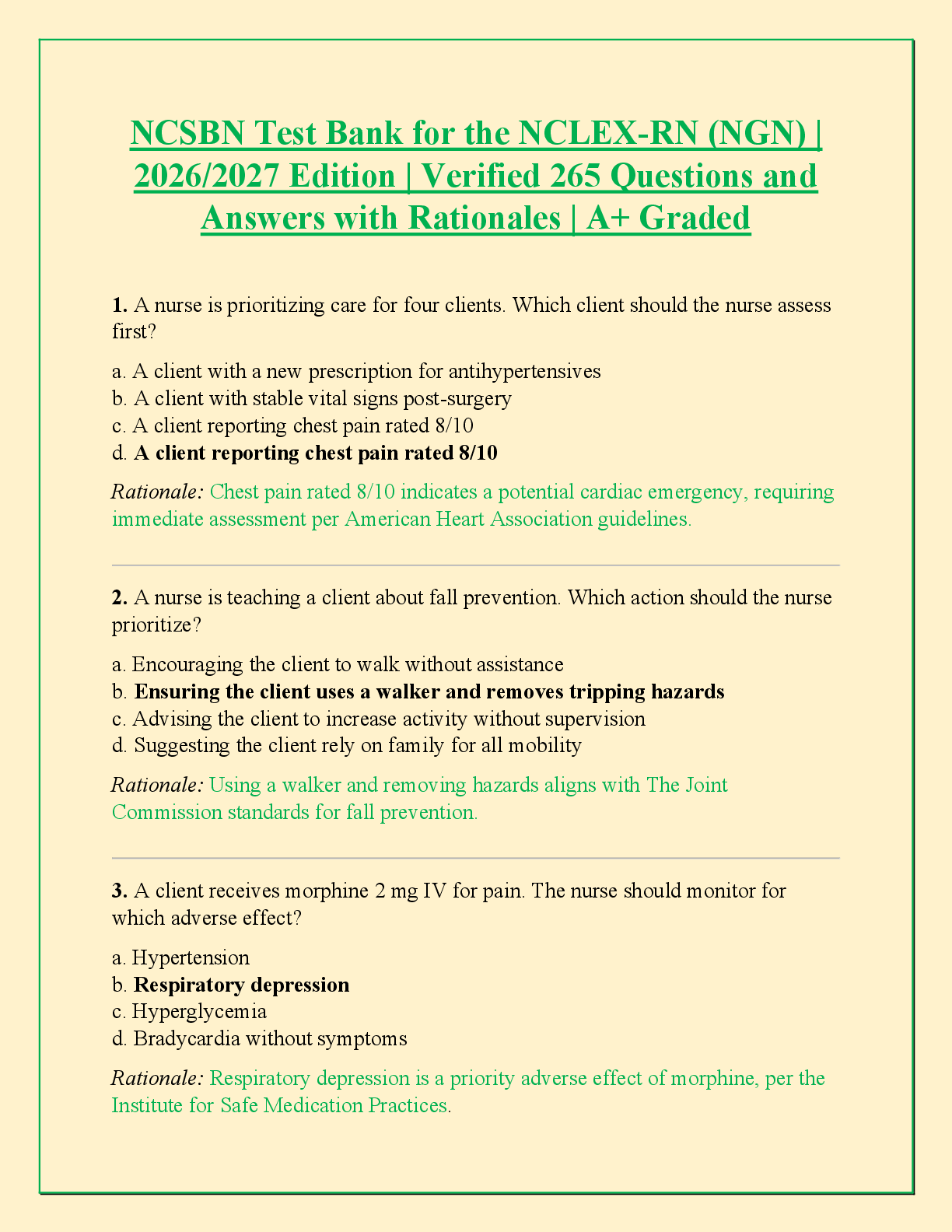 Preview of NCSBN Test Bank for the NCLEX-RN (NGN) |  2026/2027 Edition | Verified 265 Questions and