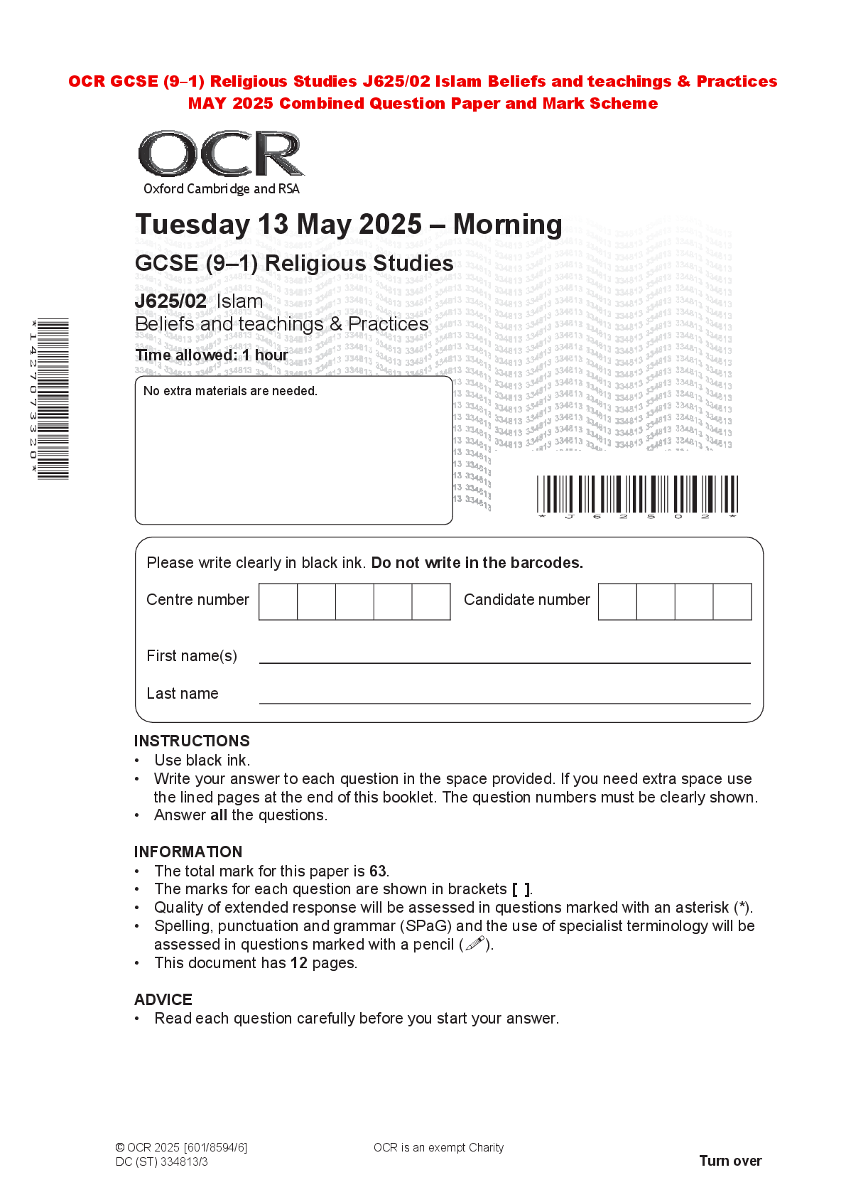 Recommended document preview for OCR GCSE (9–1) Religious Studies J625/02 Islam Beliefs and teachings & Practices MAY 2025 Combined Question Paper and Mark Scheme
