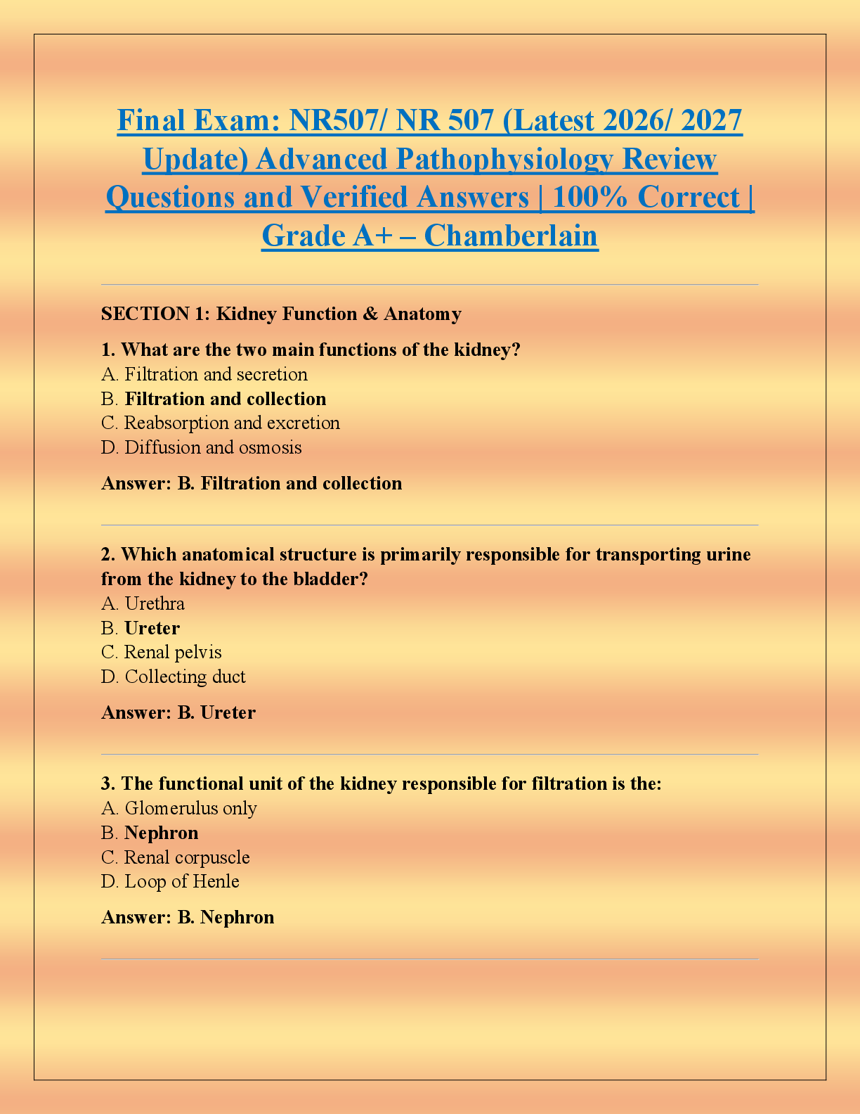 Recommended document preview for Final Exam: NR507/ NR 507 (Latest 2026/ 2027  Update) Advanced Pathophysiology Review  Questions and Verified Answers | 100% Correct |  Grade A+ – Chamberlain