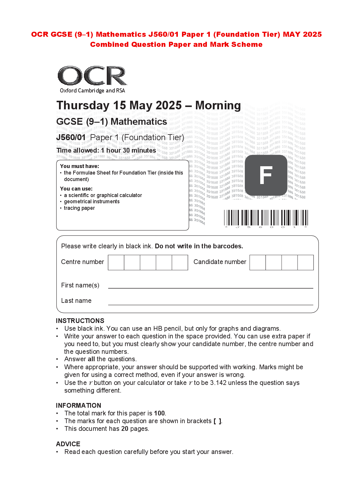 Recommended document preview for OCR GCSE (9–1) Mathematics J560/01 Paper 1 (Foundation Tier) MAY 2025 Combined Question Paper and Mark Scheme