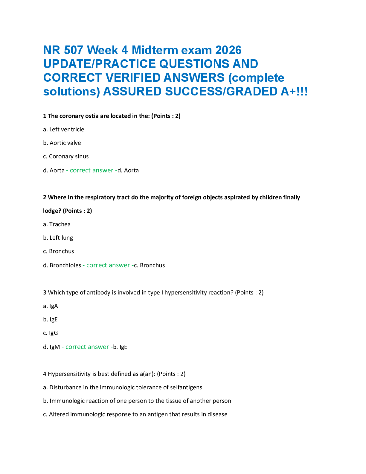 Preview of NR 507 Week 4 Midterm exam 2026  UPDATE/PRACTICE QUESTIONS AND  CORRECT VERIFIED ANSWERS (