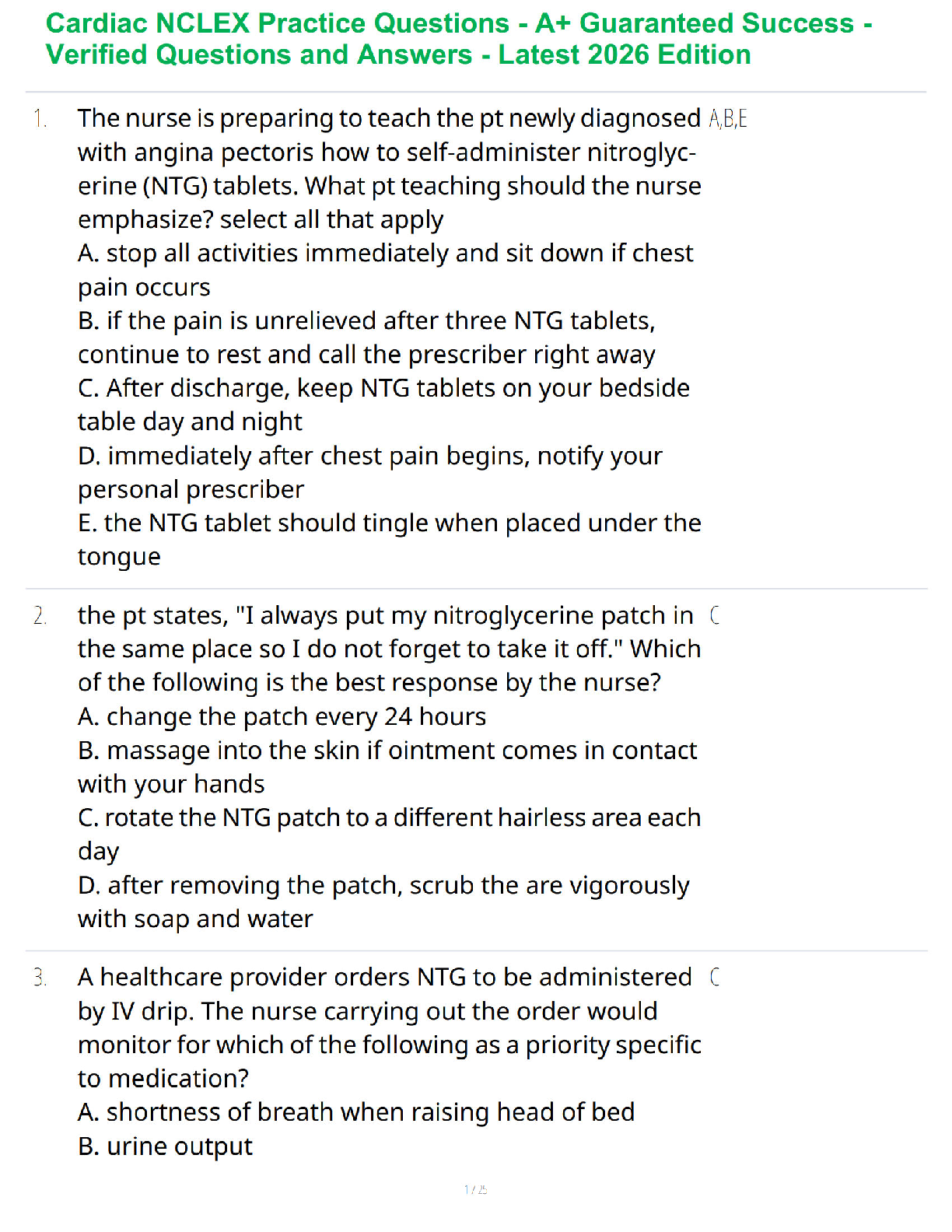 Recommended document preview for Cardiac NCLEX Practice Questions - A+ Guaranteed Success - Verified Questions and Answers - Latest 2026 Edition