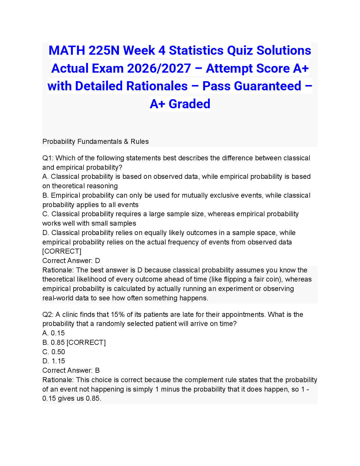 Recommended document preview for MATH 225N Week 4 Statistics Quiz Solutions Actual Exam 2026/2027 – Attempt Score A+ with Detailed Rationales – Pass Guaranteed – A+ Graded