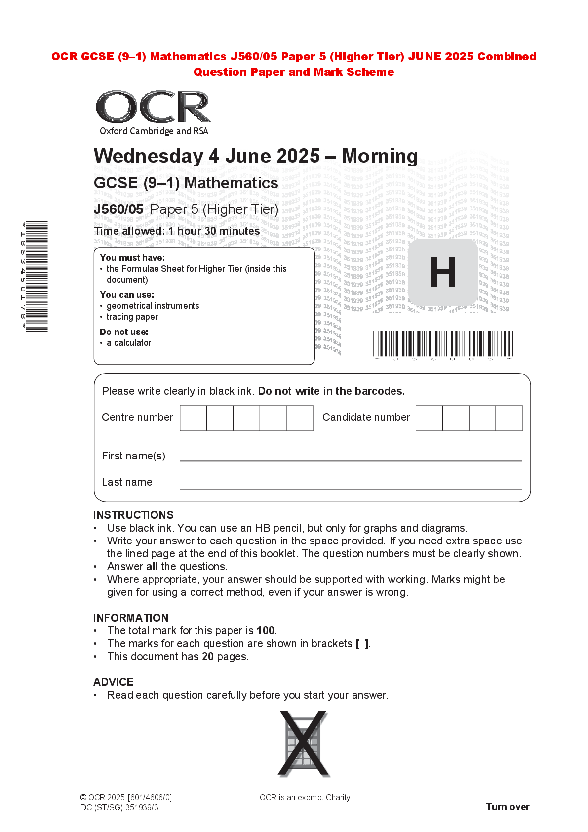 Recommended document preview for OCR GCSE (9–1) Mathematics J560/05 Paper 5 (Higher Tier) JUNE 2025 Combined Question Paper and Mark Scheme