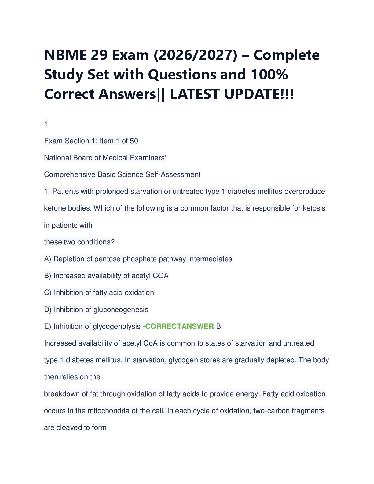 Recommended document preview for NBME 29 Exam (2026/2027) – Complete  Study Set with Questions and 100%  Correct Answers|| LATEST UPDATE!!!