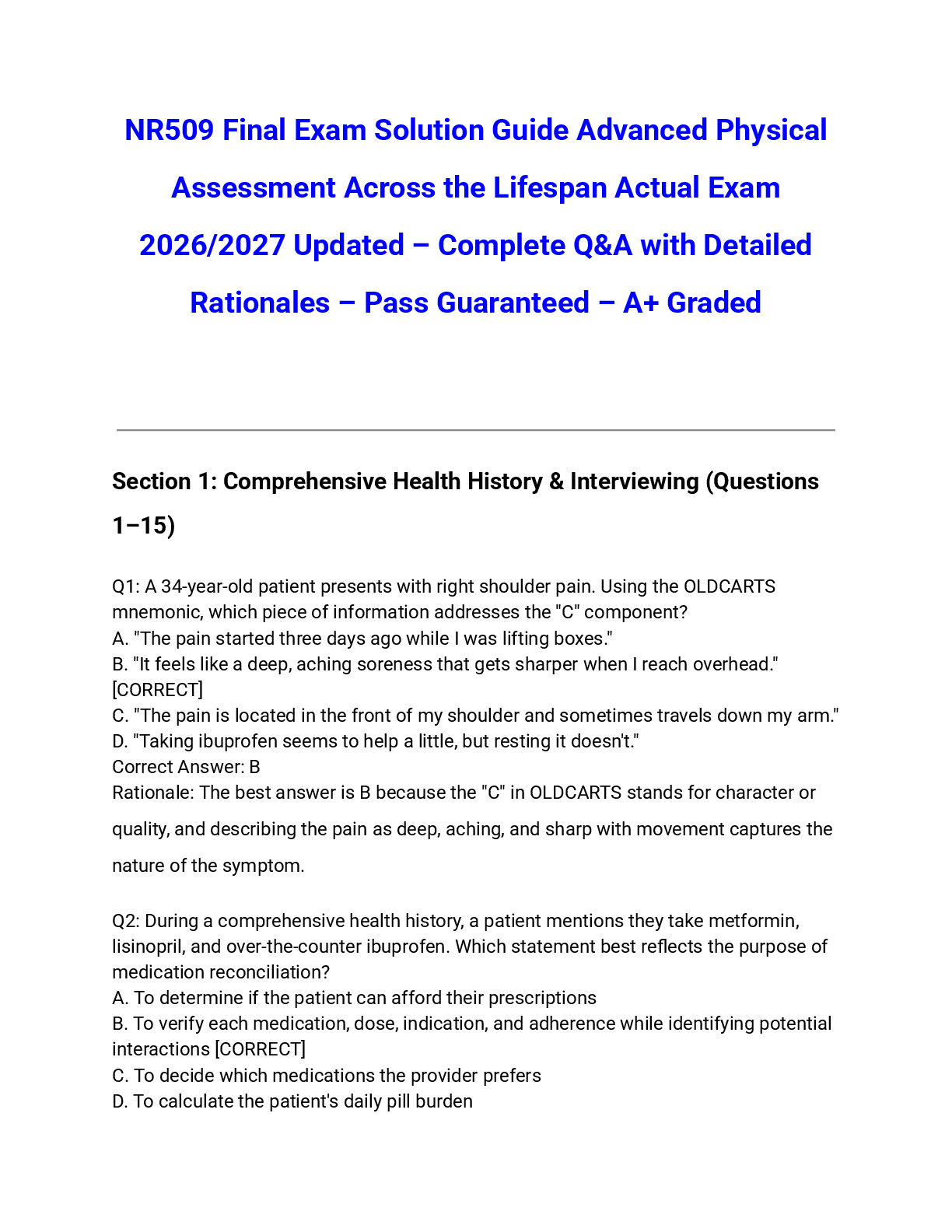 Preview of NR509 Final Exam Solution Guide Advanced Physical Assessment Across the Lifespan Actual Exam 2026/2027 Updated – Complete Q&A with Detailed Rationales – Pass Guaranteed – A+ Graded
