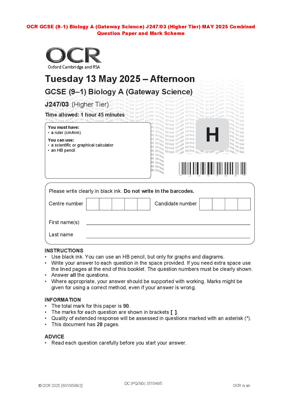 Preview of OCR GCSE (9–1) Biology A (Gateway Science) J247/03 (Higher Tier) MAY 2025 Combined Question Paper and Mark Scheme