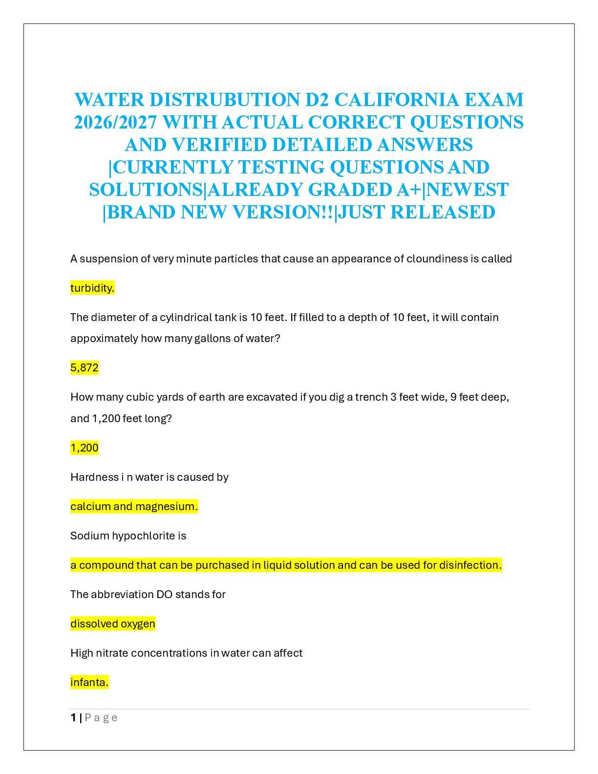 Recommended document preview for WATER DISTRUBUTION D2 CALIFORNIA EXAM  2026/2027