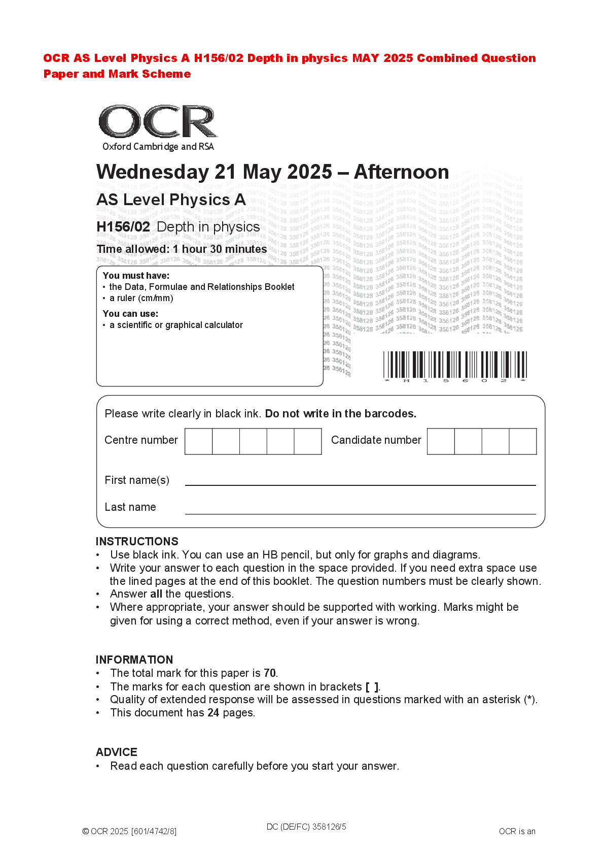 Recommended document preview for OCR AS Level Physics A H156/02 Depth in physics MAY 2025 Combined Question Paper and Mark Scheme