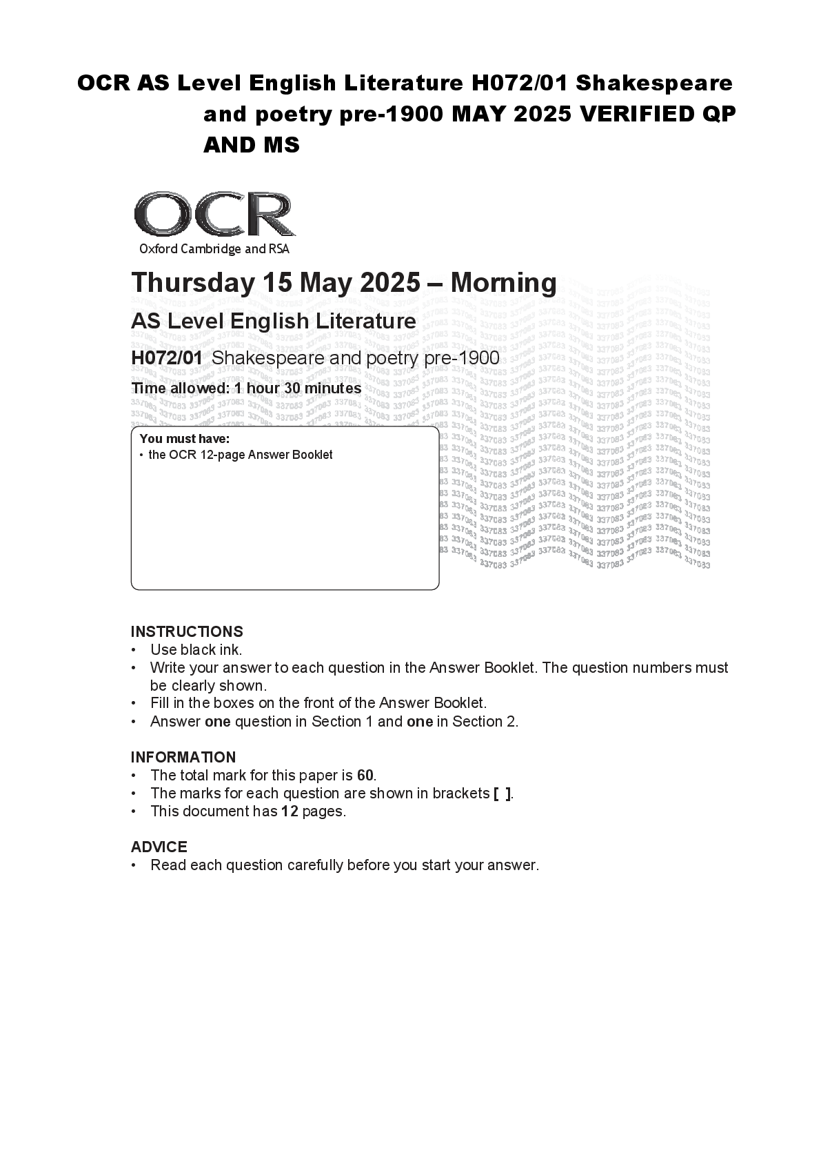 Recommended document preview for OCR AS Level English Literature H072/01 Shakespeare  and poetry pre-1900 MAY 2025 VERIFIED QP  AND MS
