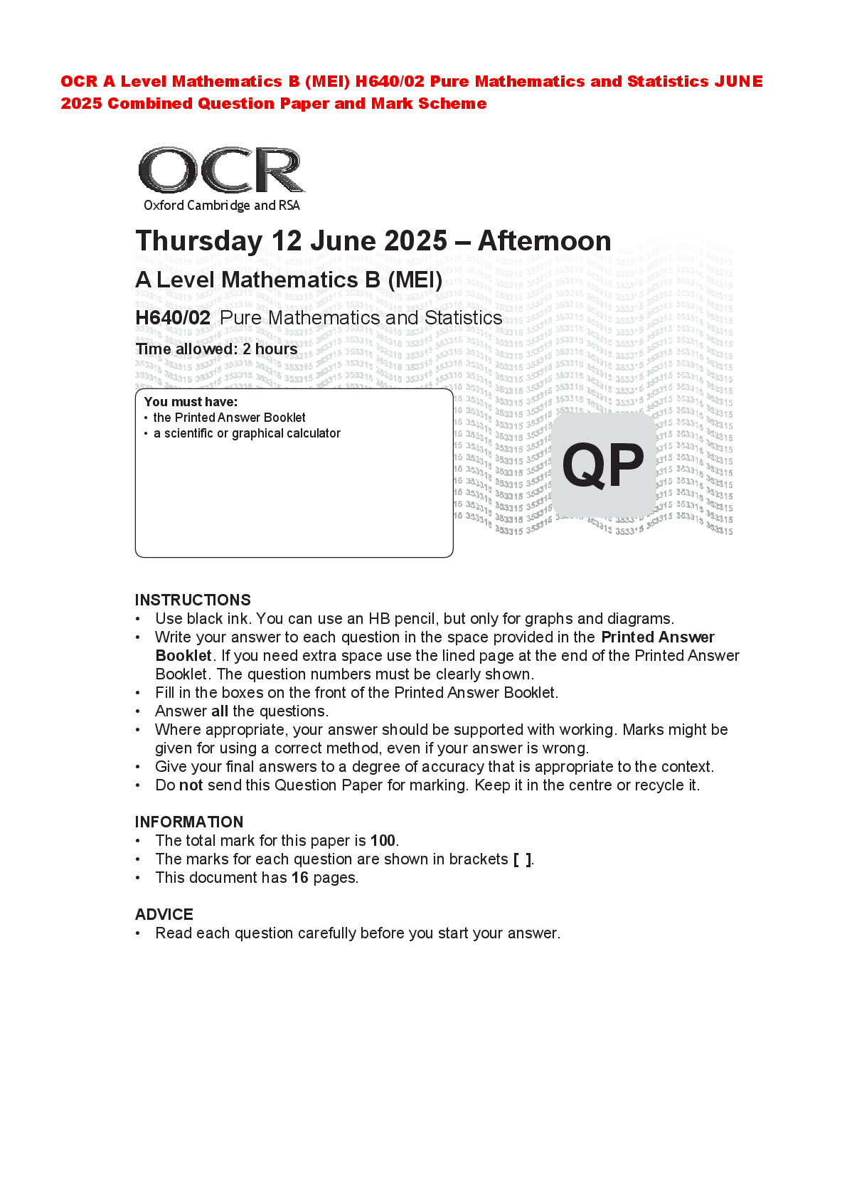 Preview of OCR A Level Mathematics B (MEI) H640/02 Pure Mathematics and Statistics JUNE 2025 Combined