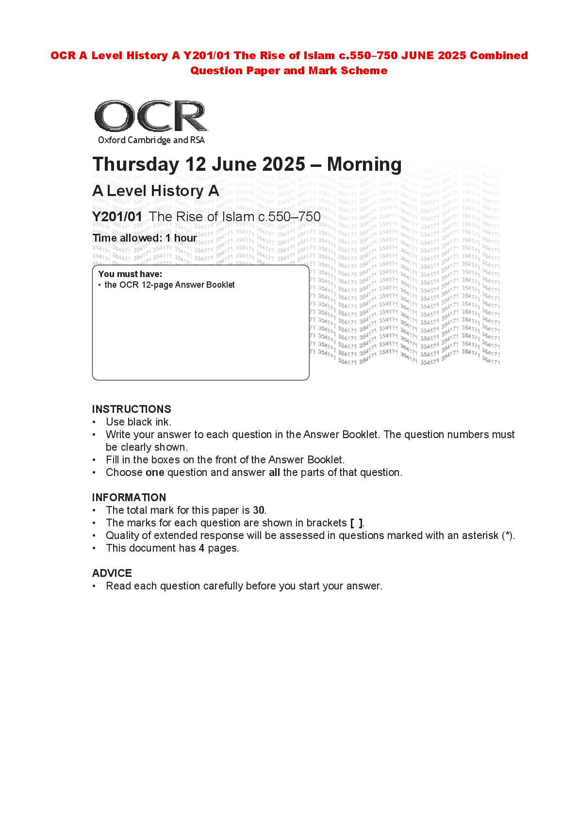 Preview of OCR A Level History A Y201/01 The Rise of Islam c.550–750 JUNE 2025 Combined Question Pape