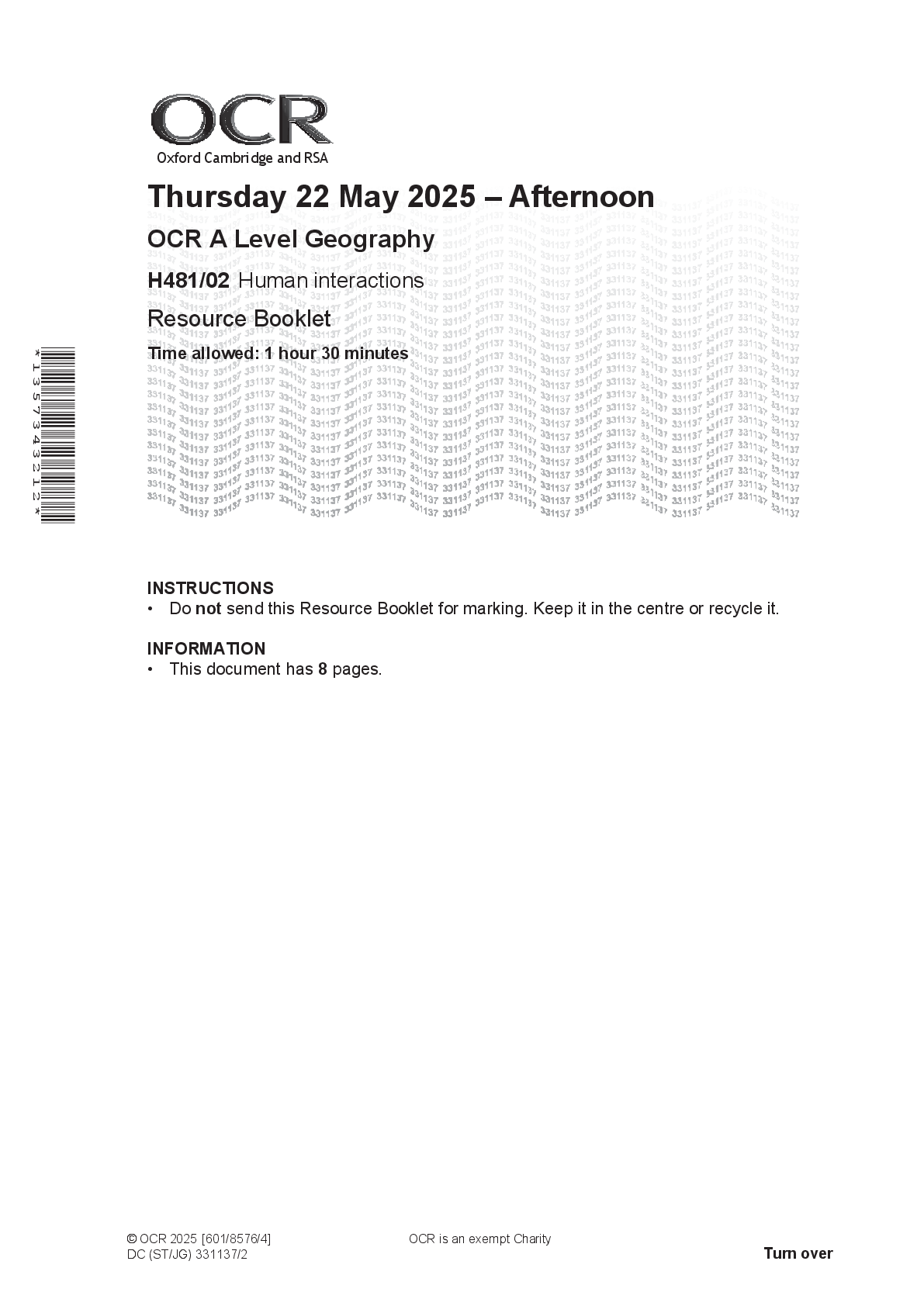 Preview of OCR A Level Geography H481/02 Human interactions Resource Booklet