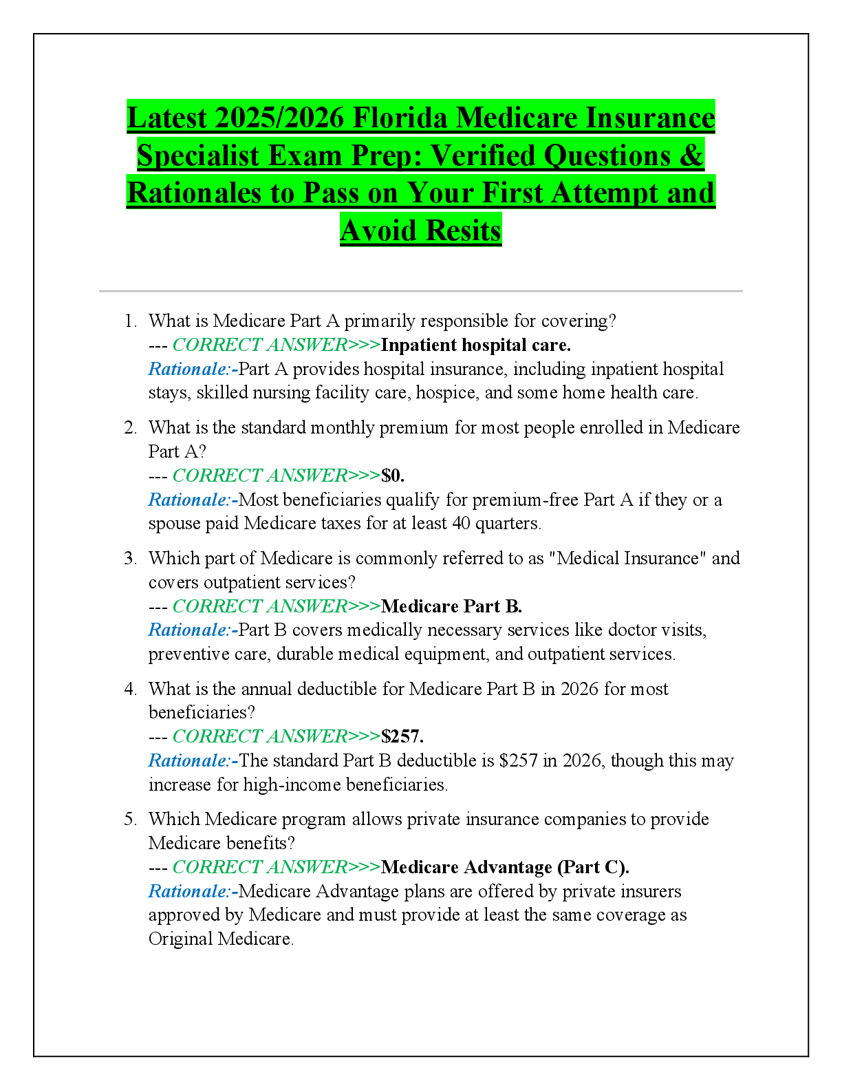 Recommended document preview for Latest 2025/2026 Florida Medicare Insurance Specialist Exam Prep: Verified Questions & Rationales to Pass on Your First Attempt and Avoid Resits