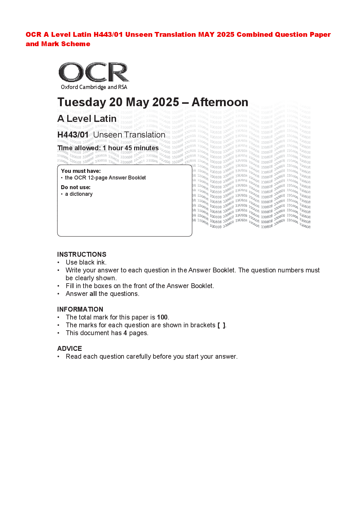 Recommended document preview for OCR A Level Latin H443/01 Unseen Translation MAY 2025 Combined Question Paper and Mark Scheme
