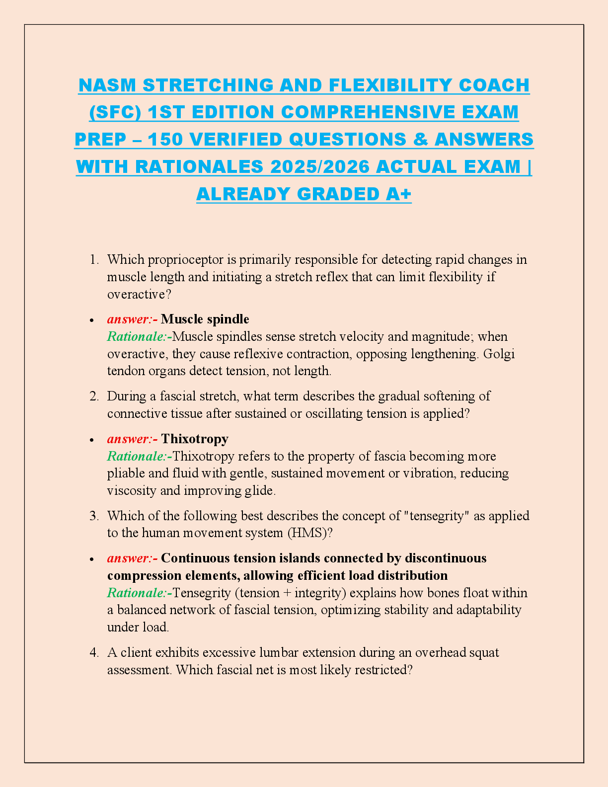 Recommended document preview for NASM STRETCHING AND FLEXIBILITY COACH (SFC) 1ST EDITION COMPREHENSIVE EXAM PREP – 150 VERIFIED QUESTIONS & ANSWERS WITH RATIONALES 2025/2026 ACTUAL EXAM | ALREADY GRADED A+