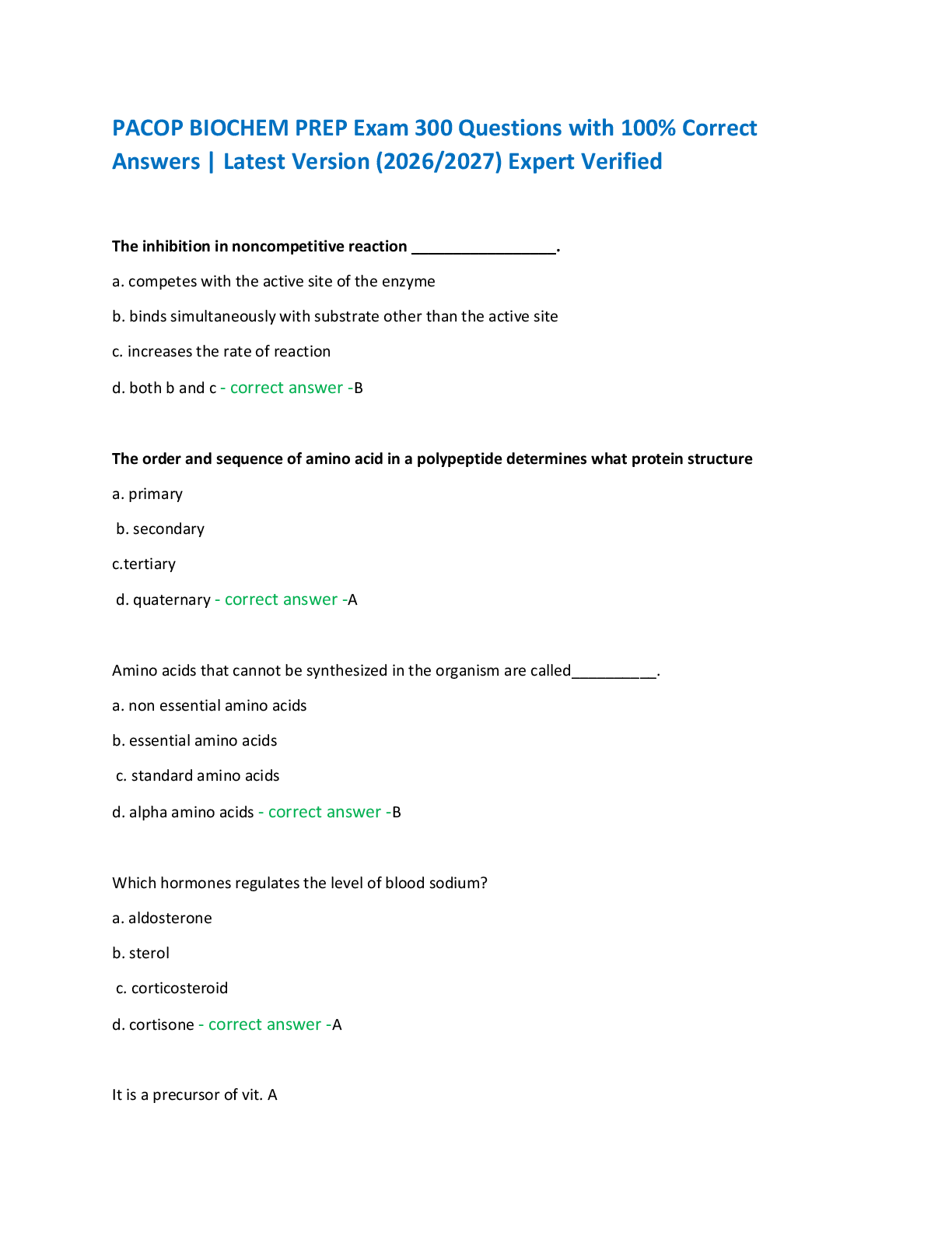 Recommended document preview for PACOP BIOCHEM PREP Exam 300 Questions with 100% Correct  Answers | Latest Version (2026/2027) Expert Verified