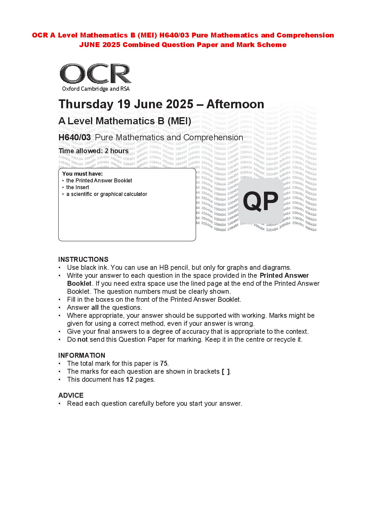 Preview of OCR A Level Mathematics B (MEI) H640/03 Pure Mathematics and Comprehension JUNE 2025 Combi