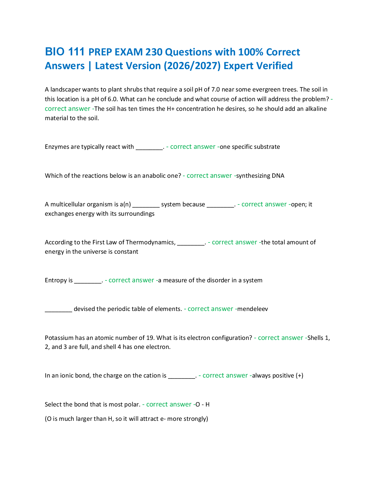 Recommended document preview for BIO 111 PREP EXAM 230 Questions with 100% Correct  Answers | Latest Version (2026/2027) Expert Verified