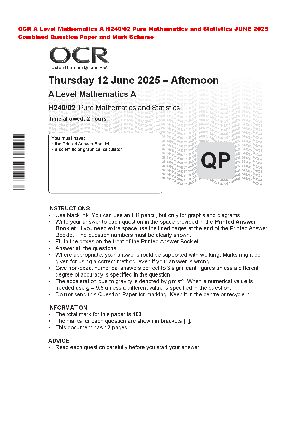 Preview of OCR A Level Mathematics A H240/02 Pure Mathematics and Statistics JUNE 2025 Combined Quest