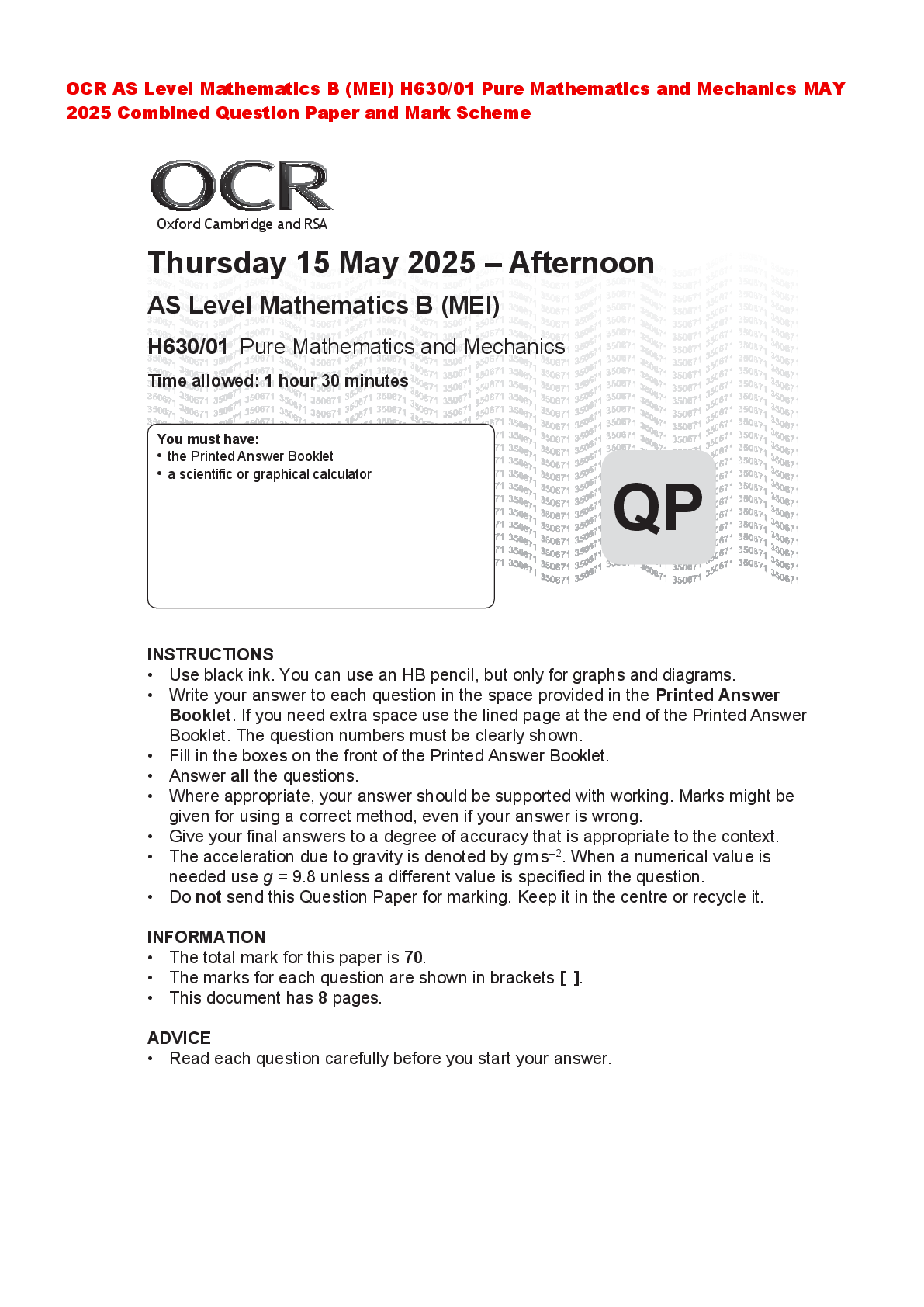 Recommended document preview for OCR AS Level Mathematics B (MEI) H630/01 Pure Mathematics and Mechanics MAY 2025 Combined Question Paper and Mark Scheme