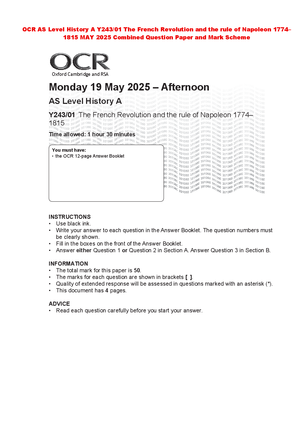 Preview of OCR AS Level History A Y243/01 The French Revolution and the rule of Napoleon 1774–1815 MA