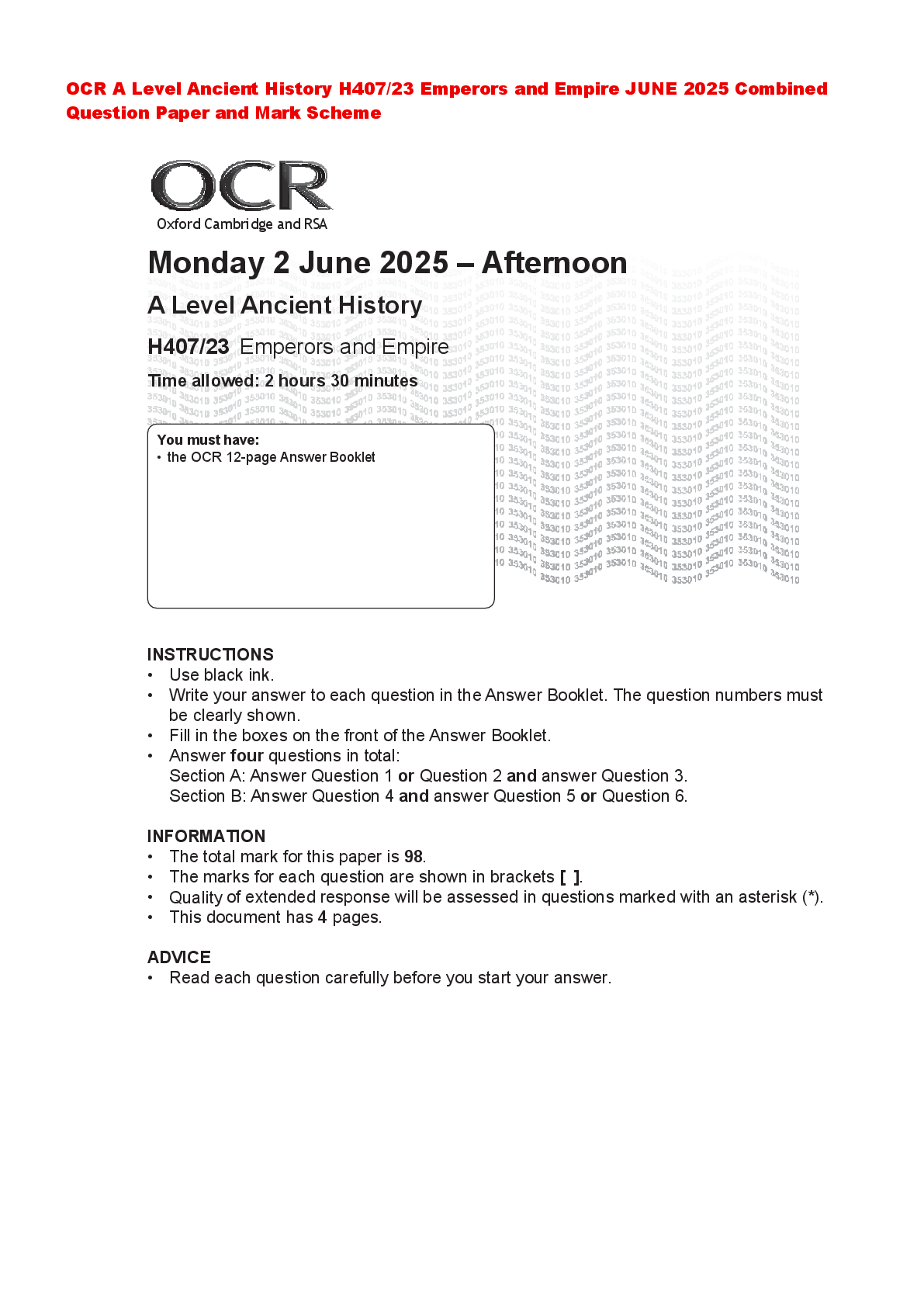 Recommended document preview for OCR A Level Ancient History H407/23 Emperors and Empire JUNE 2025 Combined Question Paper and Mark Scheme