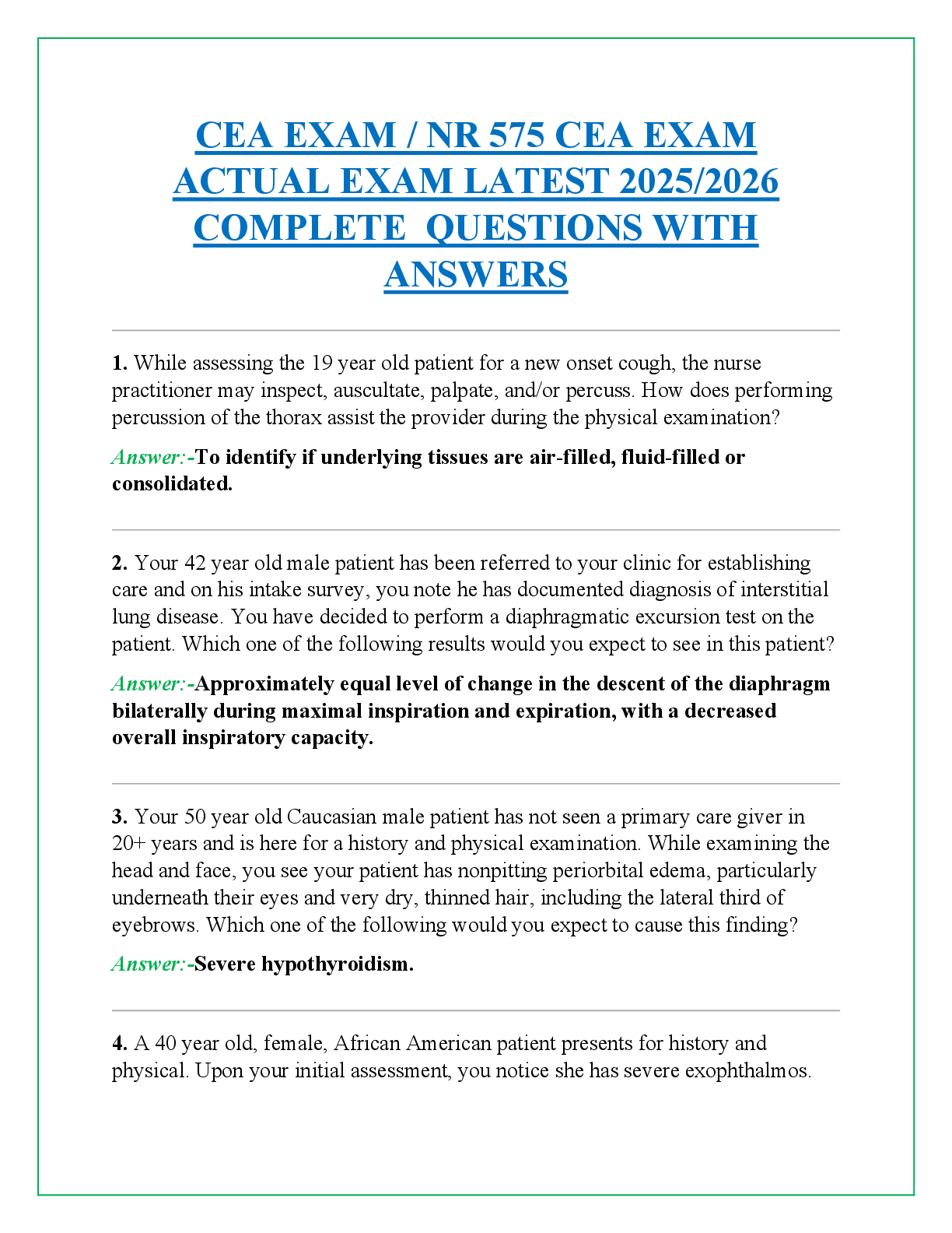 Recommended document preview for CEA EXAM / NR 575 CEA EXAM ACTUAL EXAM LATEST 2025/2026 COMPLETE  QUESTIONS WITH ANSWERS